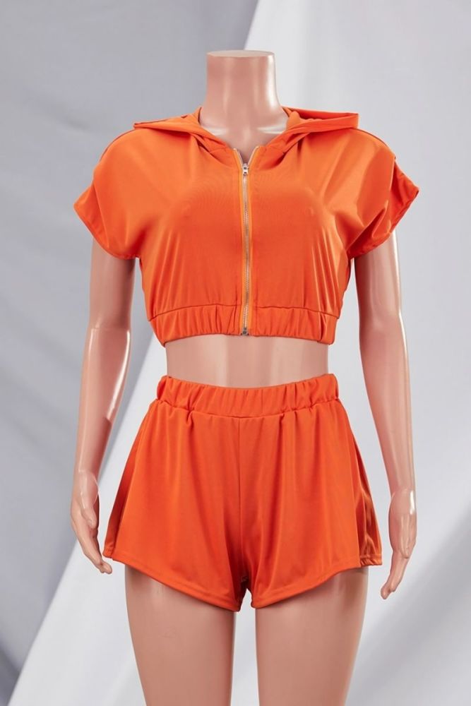 Orange Zip-Up Hooded Stretch Two-Piece Set Size: L