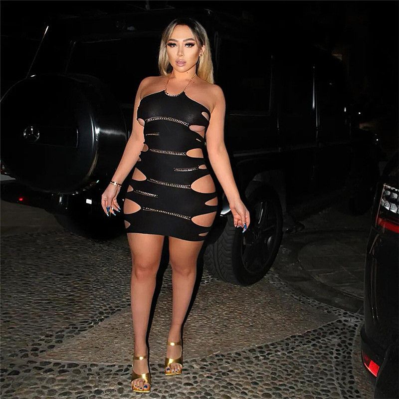 Black Chain Halter Cut Out Backless Bodycon Sexy Dress Size: S