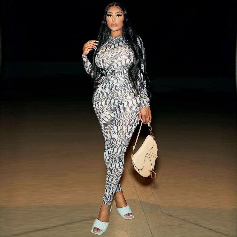 Printed Long Sleeve O Neck Elastic Bodycon Jumpsuit Size: 1XL