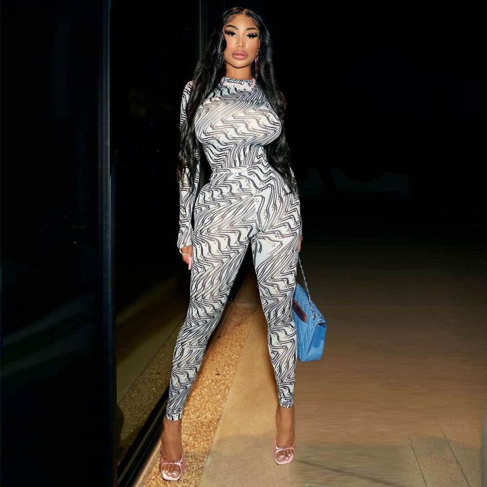 Printed Long Sleeve O Neck Elastic Bodycon Jumpsuit Size: 1XL