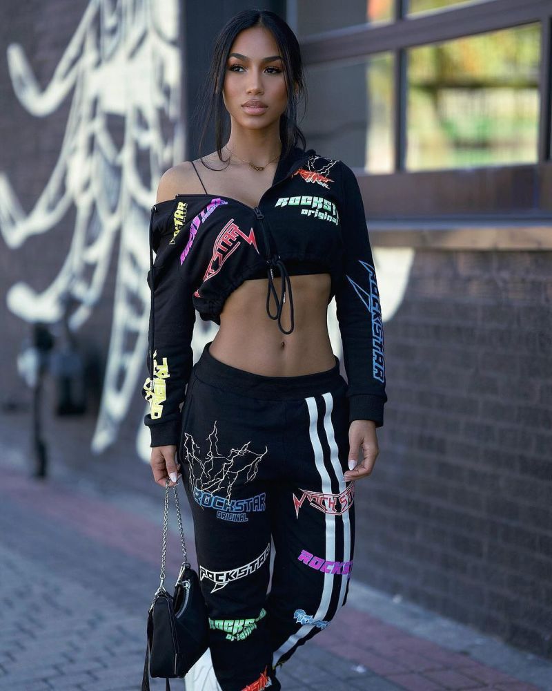 Black Street Graffiti Print Jacket Pants Set Size: S