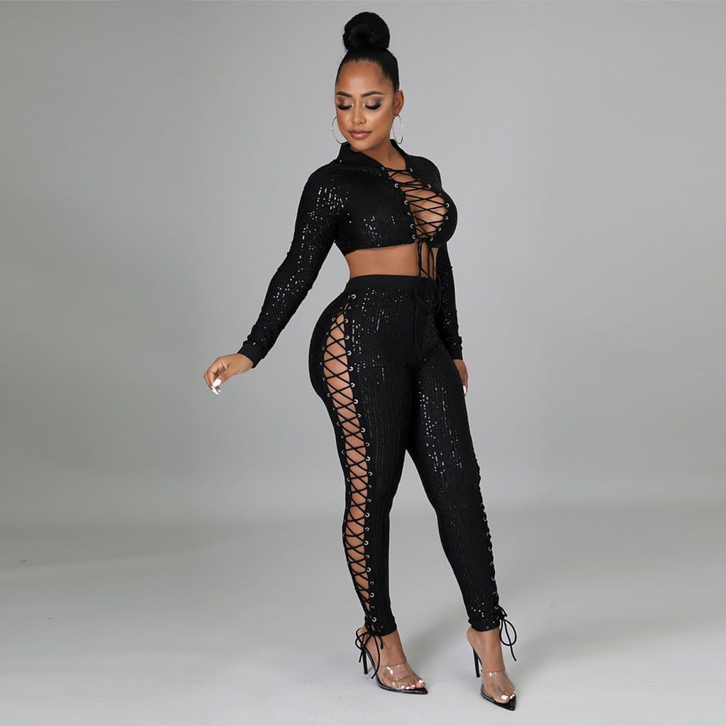 Black Sequins Full Sleeve Crop Top Pants Set Size: L