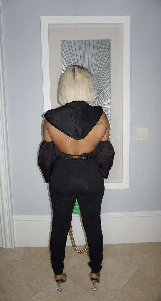 Black Backless Hooded Full Sleeve Top Long Pants Set Size: ML