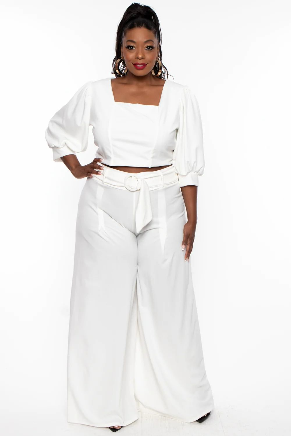 White Square Neckline 3/4 Sleeves Loops Wide Leg Two Piece Set Size: 2XL