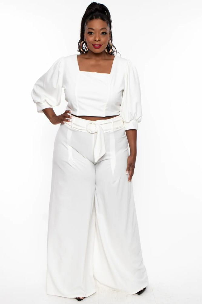 White Square Neckline 3/4 Sleeves Loops Wide Leg Two Piece Set Size: 2XL