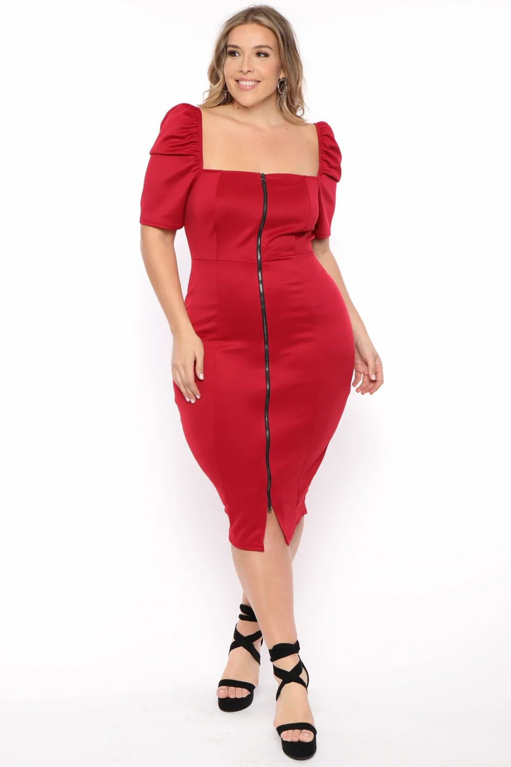 Red Off-Shoulder Neckline Exposed Zipper Stretch Short Sleeves Dress Size: 
