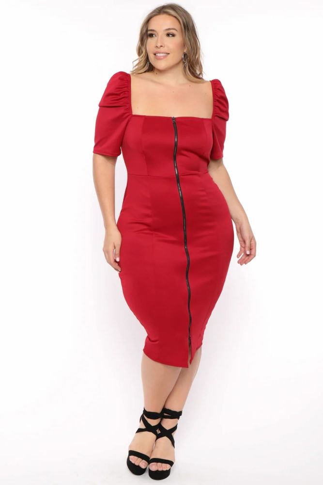 Red Off-Shoulder Neckline Exposed Zipper Stretch Short Sleeves Dress #G909 Size: 3XL