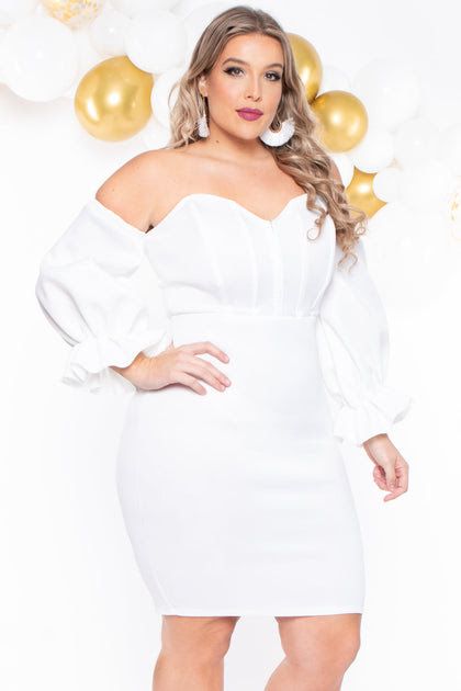 White Off Shoulder Long Sleeve Dress #F8901 Size: 2XL