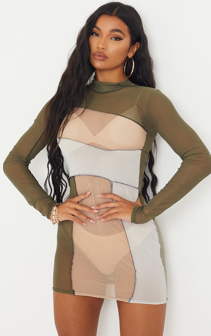 Khaki Mesh Contrast Print Midi Dress Size: 