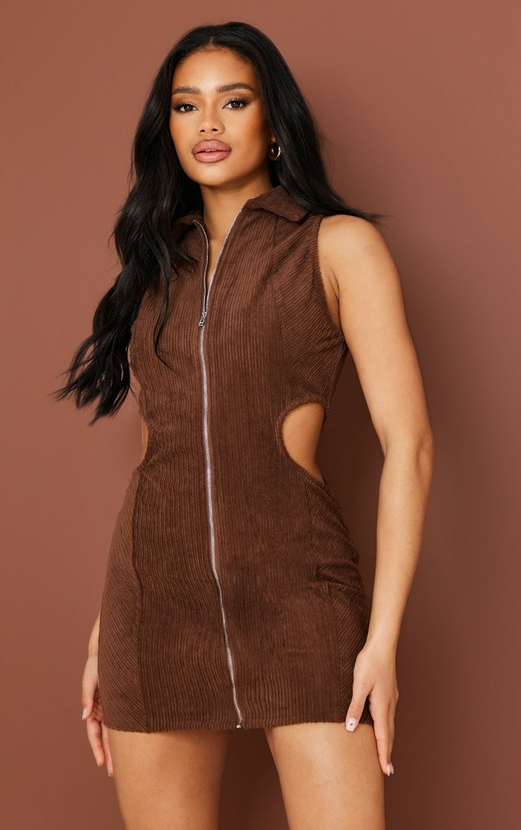 Chocolate Cord Zip Through Cut Out Polo Collar Bodycon Dress Size: