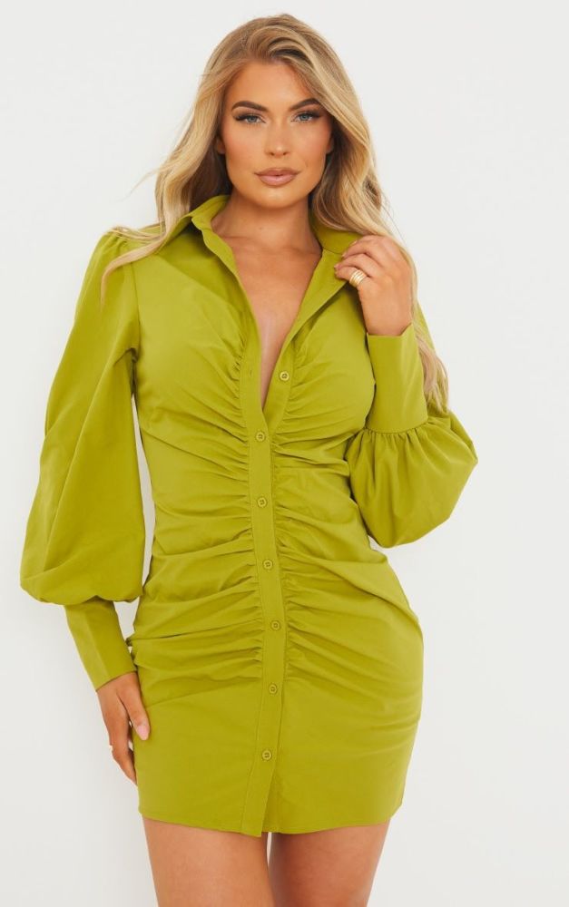 Green Woven Poplin Long Sleeve Shirt Dress #E0007 Size: XS