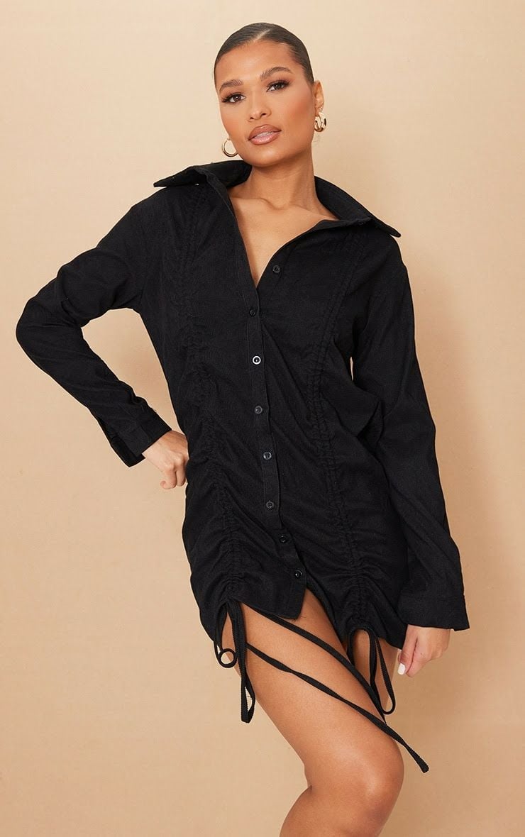 Black Cord Double Ruched Detail Shirt Dress Size: