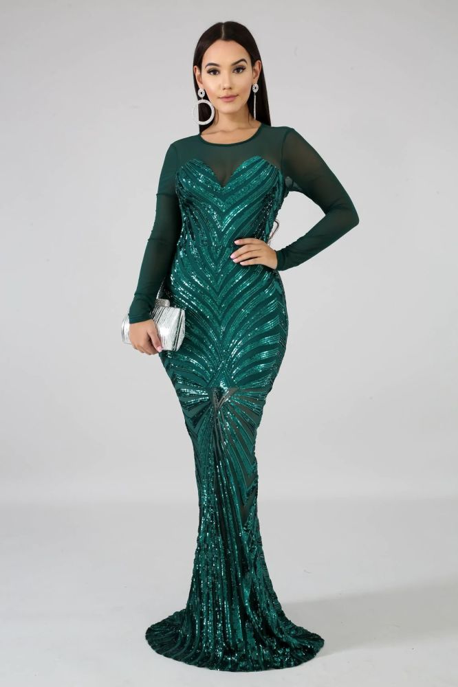 Sequin Sheer Dazzle Long Mermaid Dress Size: 