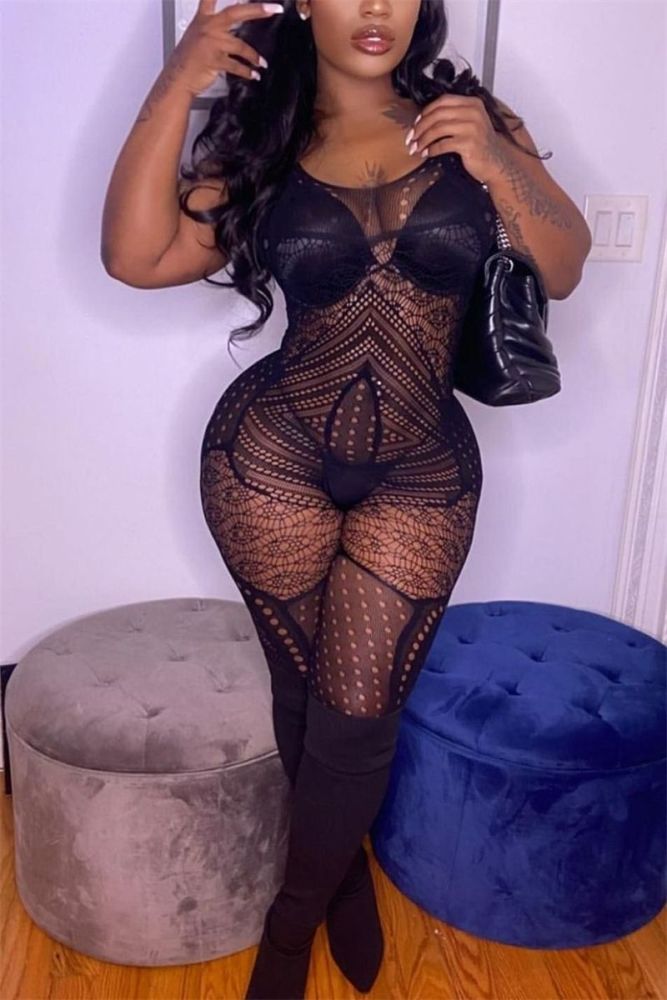 Black Mesh See Through Sleeveless Jumpsuit Size: SM