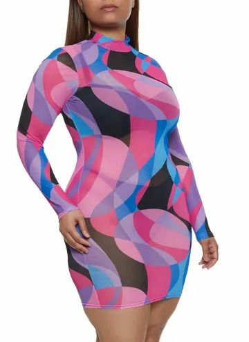 Mesh Long Sleeve Abstract Print Mini Dress Size: 1XL #D9802