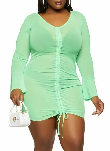  Green Mesh Drawstring Front Mini Dress #F5678 Size: 2XL