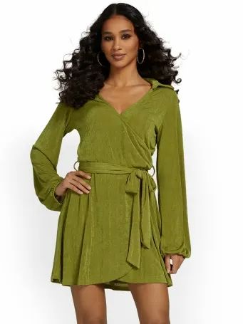 Green Long-Sleeve Stretch Knit Wrap Dress #B1888 Size: ML