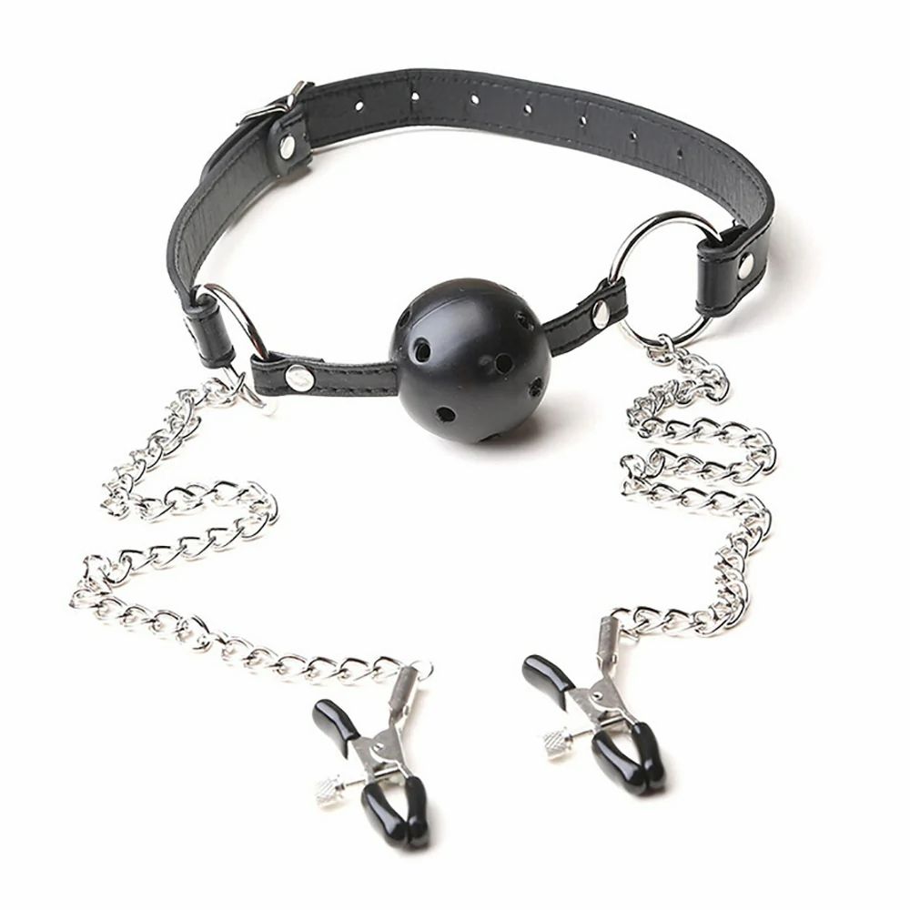 Black Mouth Gag Ball With Metal Nipple Clamps