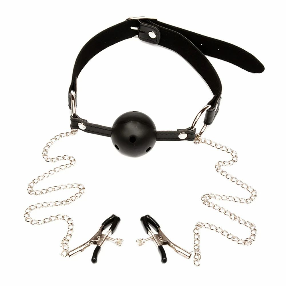 Black Mouth Gag Ball With Metal Nipple Clamps