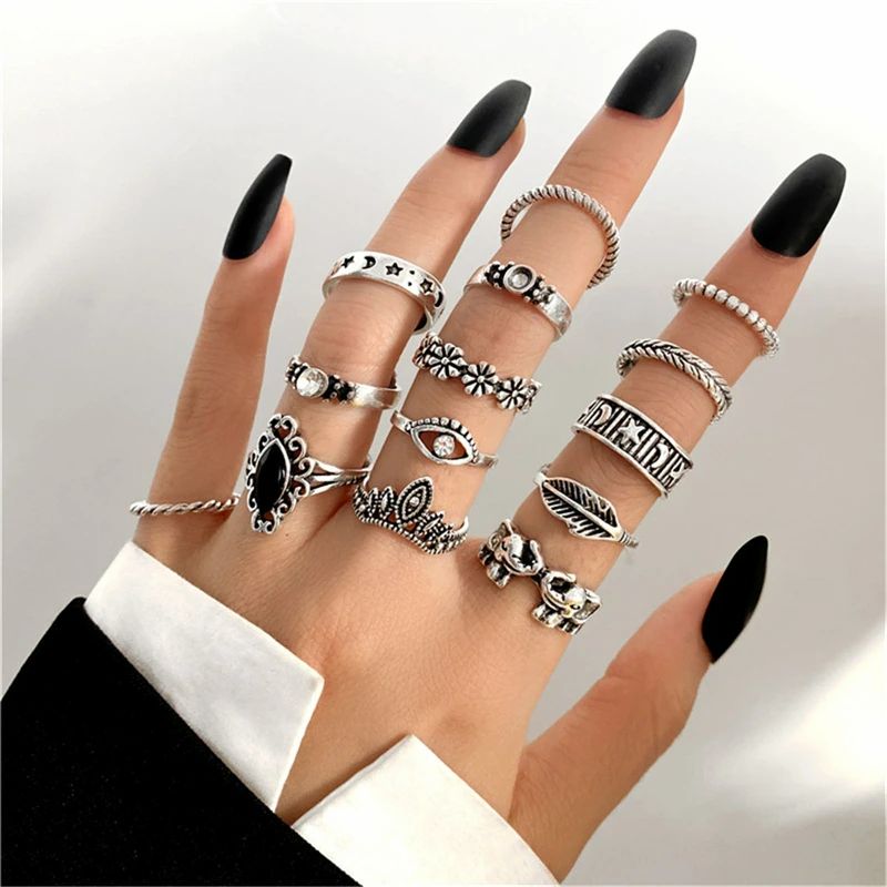 14-Pc Silver Plated Gothic Ring Set #Z2