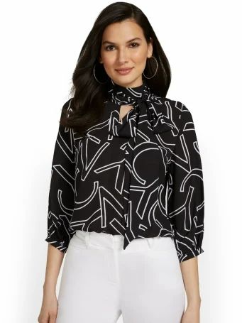 Printed Long Sleeve Bow Neck Blouse Size: XS