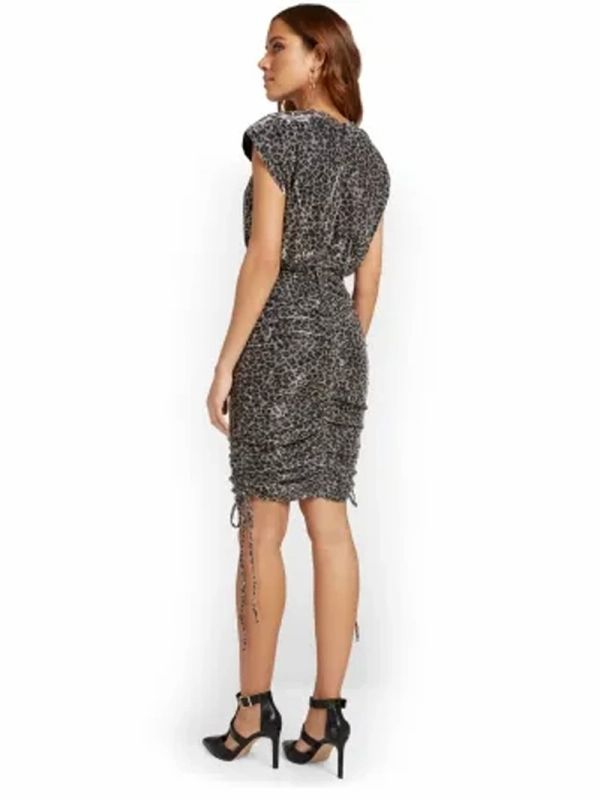 Printed Sparkling Ruched Padded-Shoulder Dress #A9478 Size: S