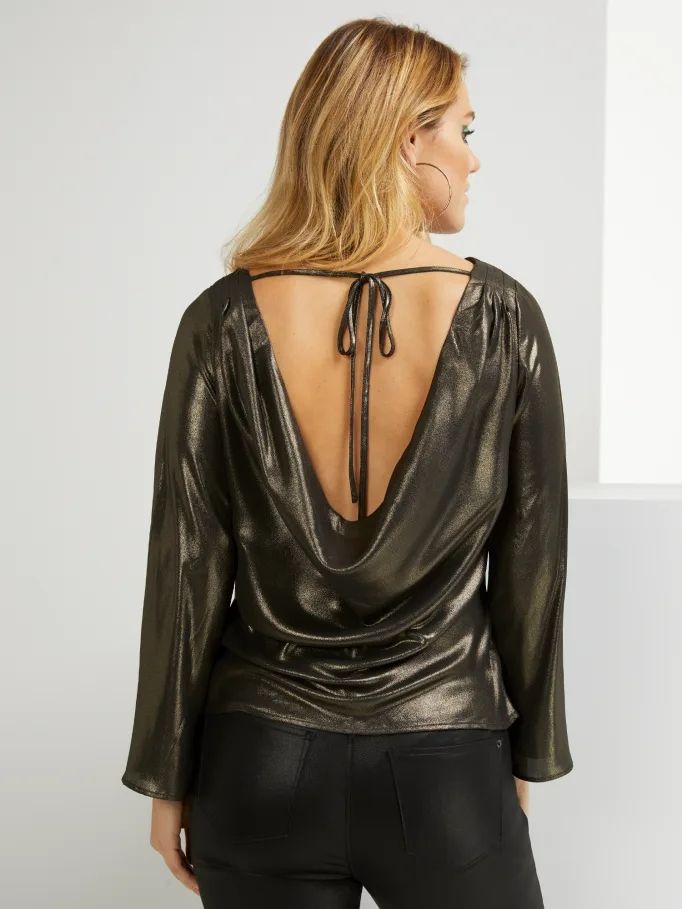 Long Sleeve Loose Fit Gold Draped Open-Back Top Size: S