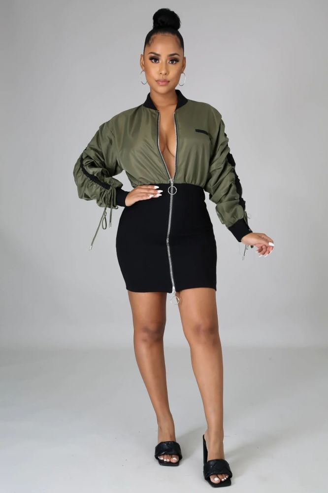 Black Zip-up Olive Green Front Style Mini Dress #A7850 Size: M