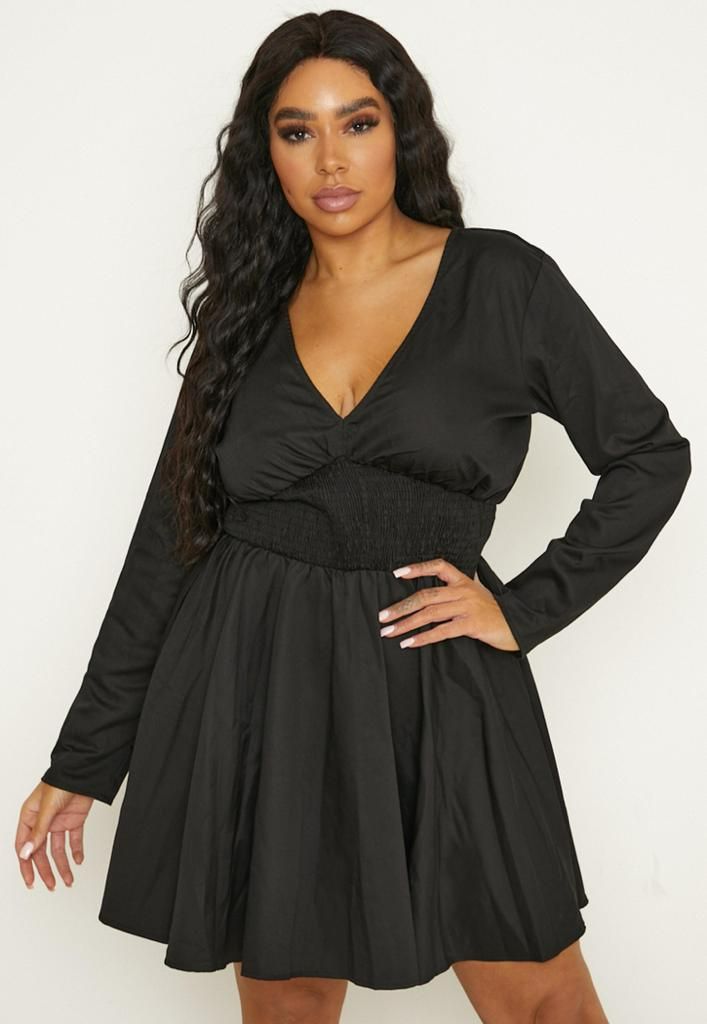 Black Shirred Waist Mini Dress #Q011 Size: 1XL
