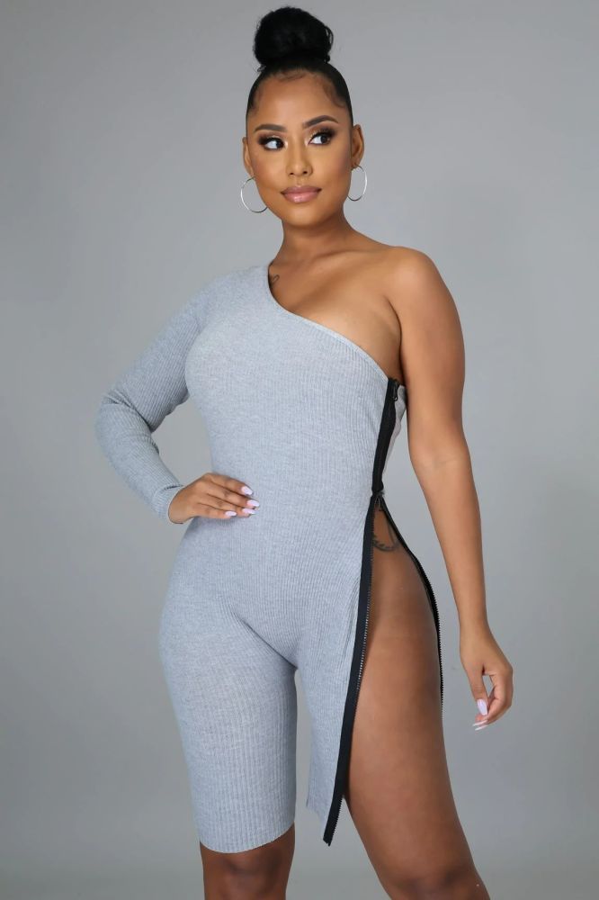 Grey Long Sleeve Girl Power Stretch Romper Size: S