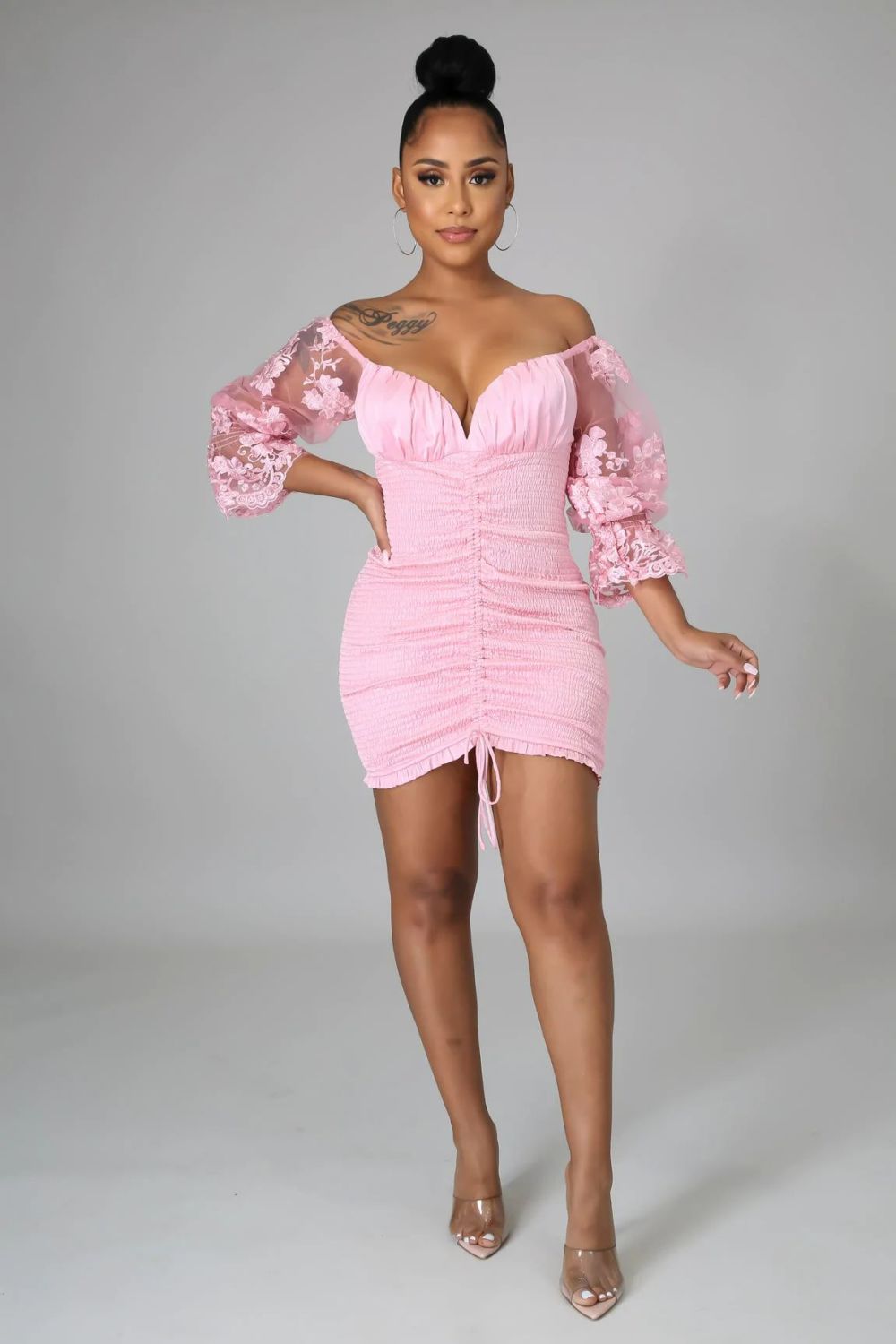 Pink Stretch Long Lace Sleeve Dress Size: S