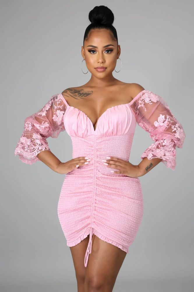 Pink Stretch Long Lace Sleeve Dress #A6750 Size: S