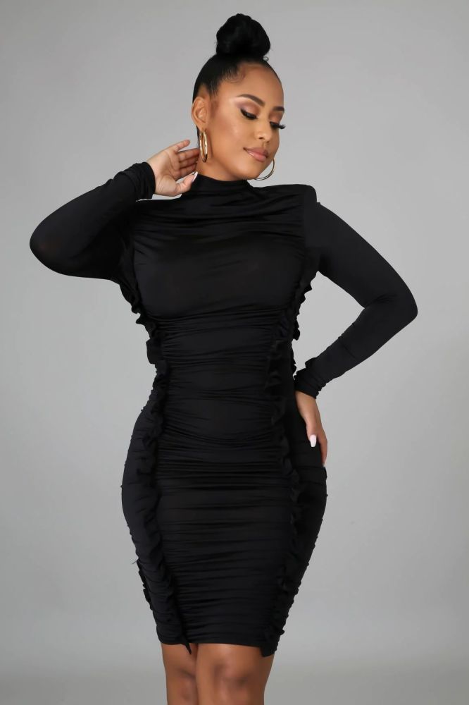 Black Stretch Long Sleeve Padded Shoulders Dress #B0750 Size: M