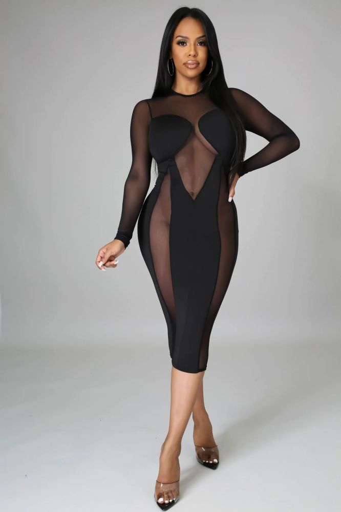 Black Stretch Long Sleeve Round Neck Sheer Dress #A21902 Size: S