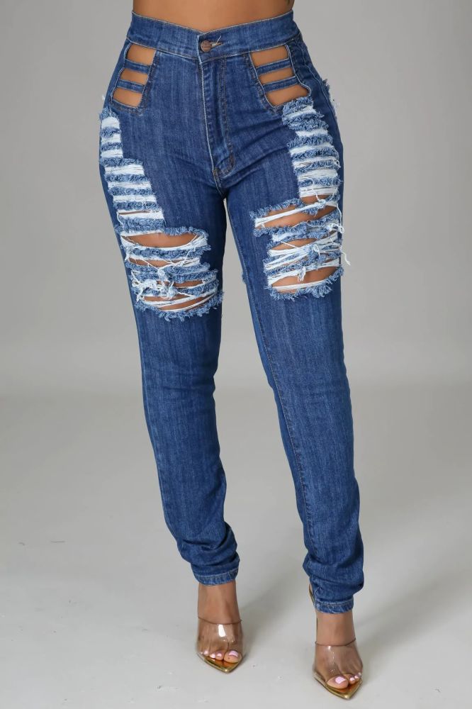 Stretch High waisted Distressed Cut Out Bold Statement Jeans Size: M