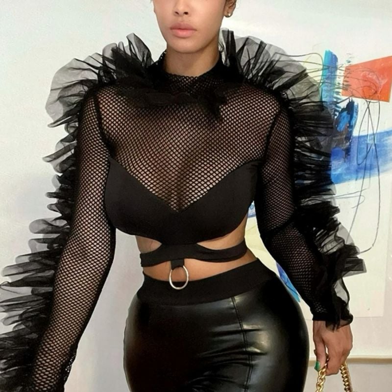 Black Fishnet See-Through Stretch Long Sleeve Crop Top