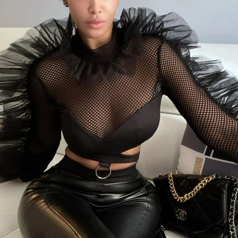 Black Fishnet See-Through Stretch Long Sleeve Crop Top