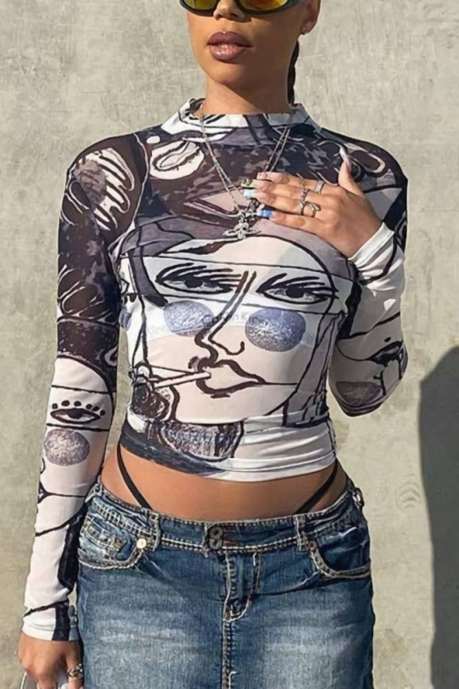 Size: S Mesh See-Through Printed Stretch Long Sleeve Crop Top SKU: T06568