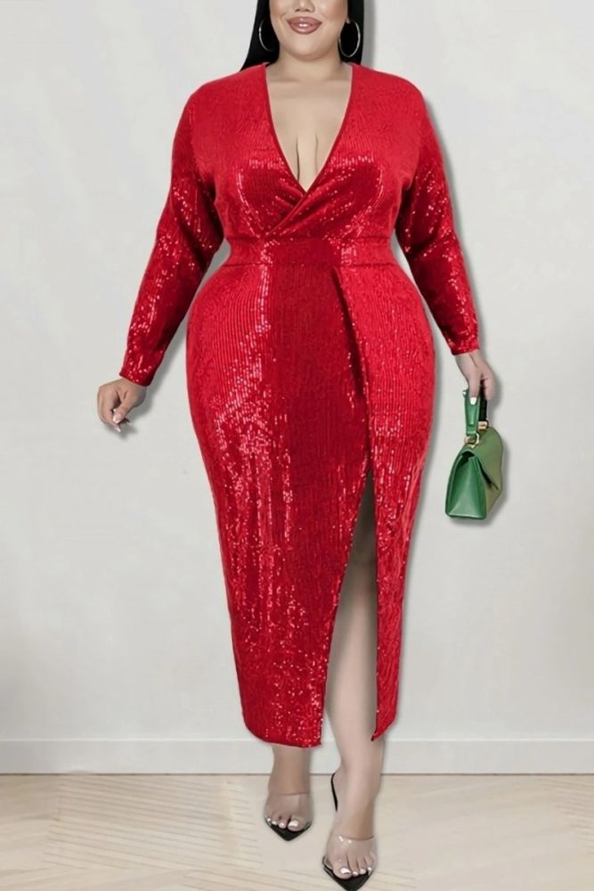 Red Sequin Long Sleeve Deep-V-Neck Dress Size: 2XL