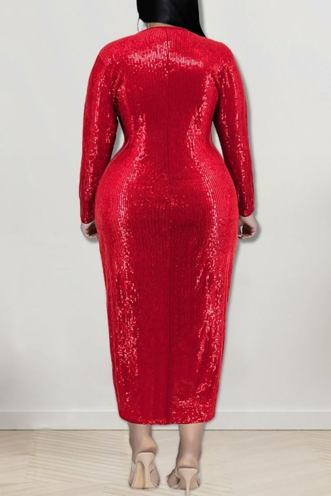 Red Sequin Long Sleeve Deep-V-Neck Dress Size: 2XL