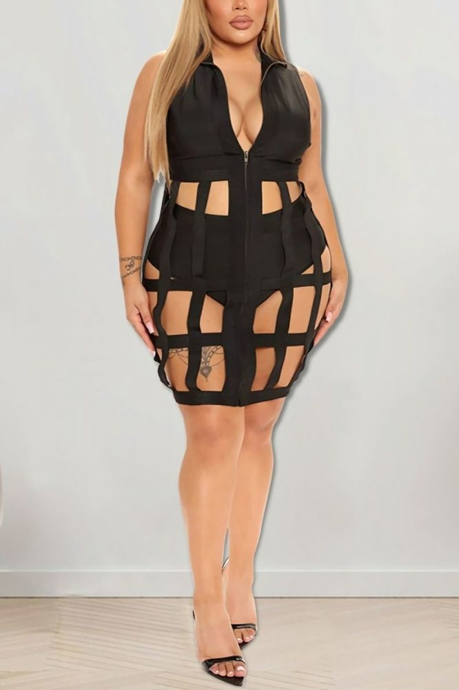 Black Zip-Up Sleeveless Mini Dress #D725687 Size: 1XL