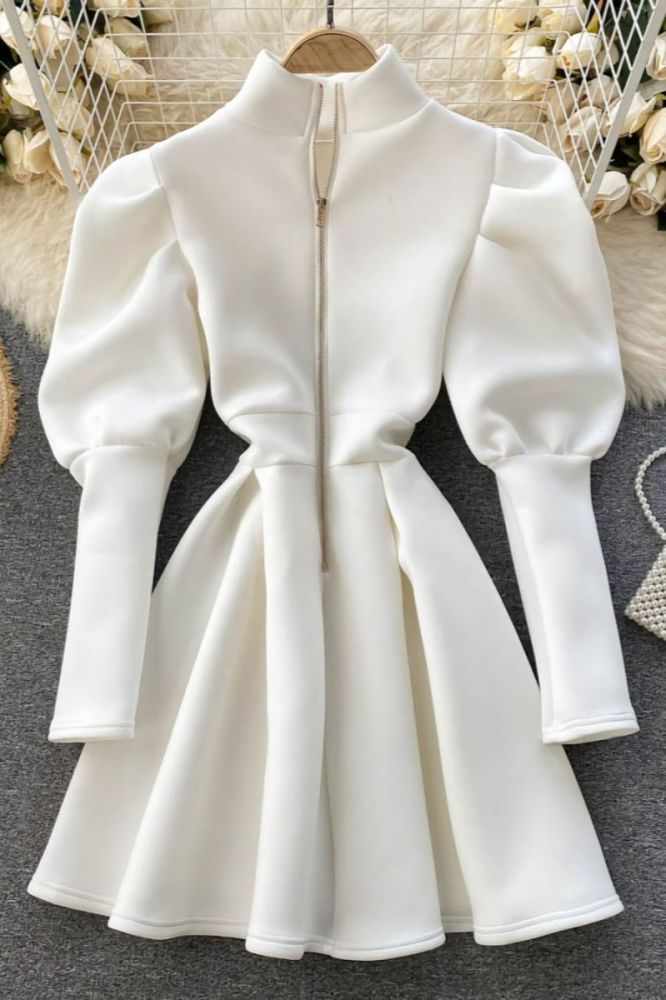 White Zip-Up Puff Long Sleeves Little Mini Dress #A45637 Size: S