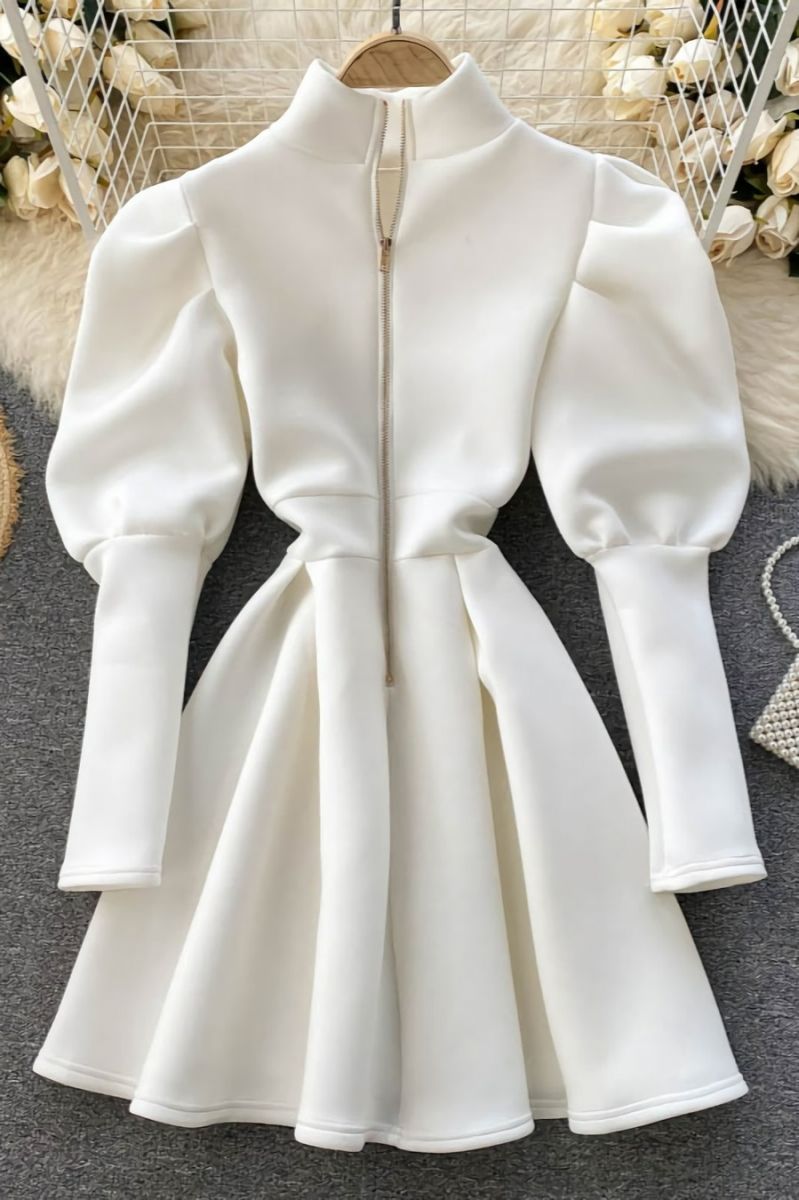 White Zip-Up Puff Long Sleeves Little Mini Dress Size: OS
