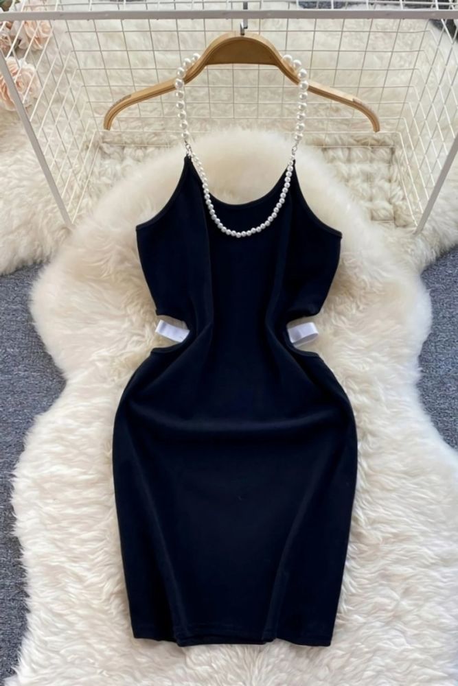 Black Stretch Pearl Halter-Neck Mini Dress #B25637 Size: M