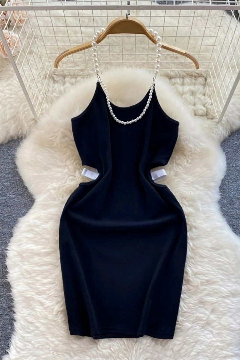 Black Stretch Pearl Halter-Neck Mini Dress Size: M