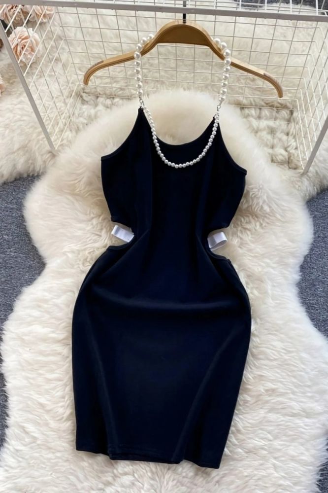 Black Stretch Pearl Halter-Neck Mini Dress #B25637 Size: M