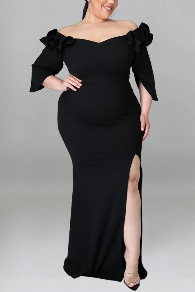Black Stretch Ruffle Off-The-Shoulder Long Dress #D14566 Size: 2XL