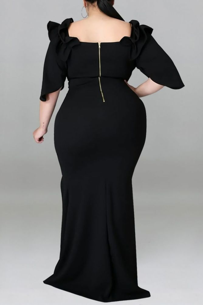 Black Stretch Ruffle Off-The-Shoulder Long Dress #D14566 Size: 2XL