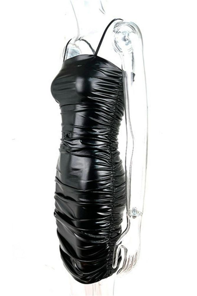 Black Pleated Zip-Up Slim Fit Stretch Mini Dress #B67685 Size: M