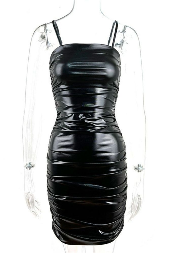 Black Pleated Zip-Up Slim Fit Stretch Mini Dress #B67685 Size: M
